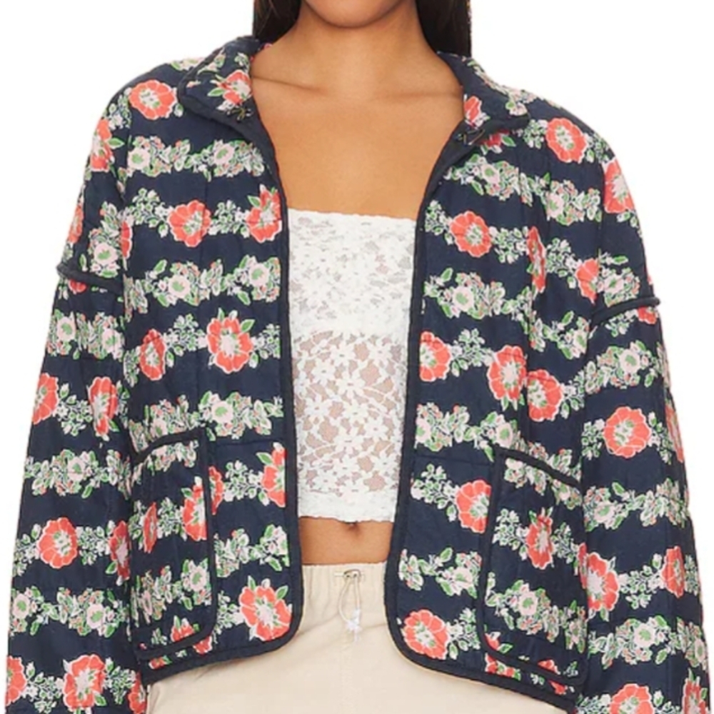 FP Movement by Free People Floral Bomber Jacket in Navy and Red